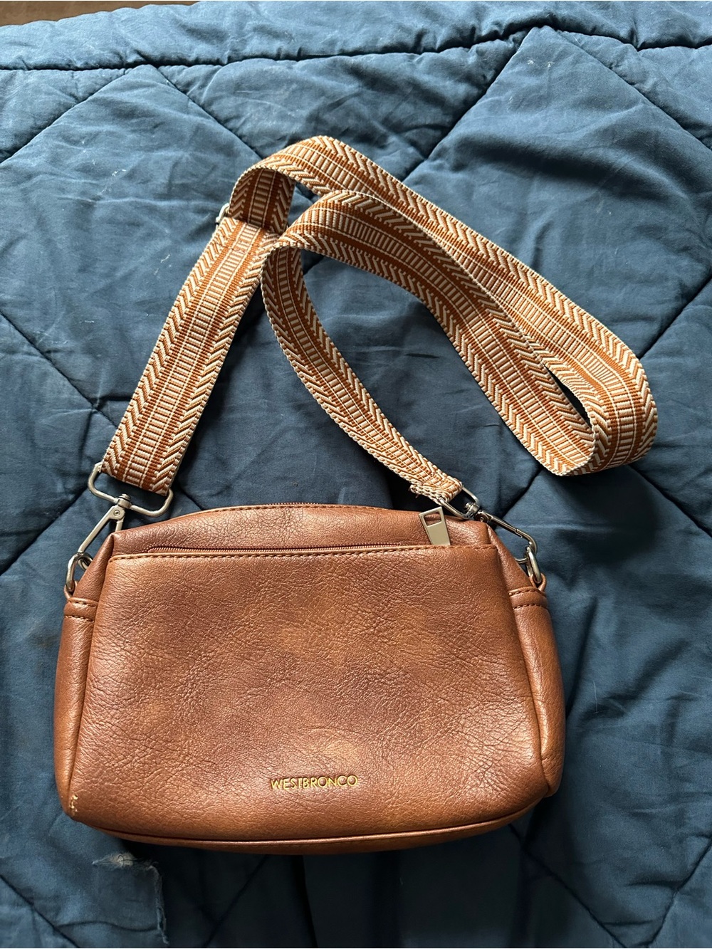 Tan Crossbody Bag with Patterned Strap